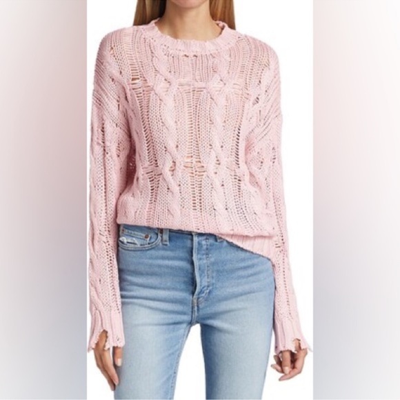 Sablyn Mitzy Pullover Crewneck Cable Knit Distressed Sweater Light Pink XS - Picture 1 of 12